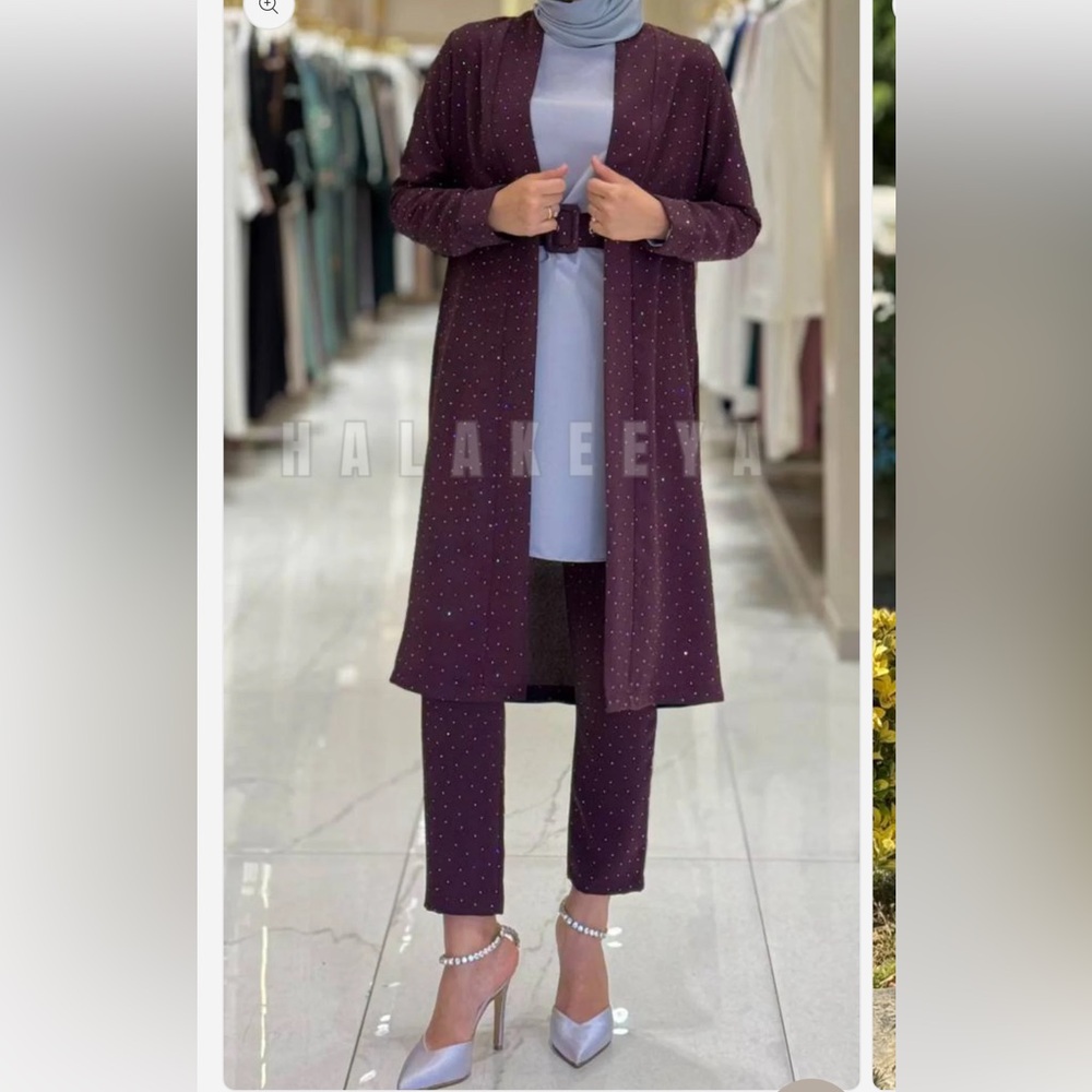 Studded Dark Purple Women's Ankle Pant Set with Belt
